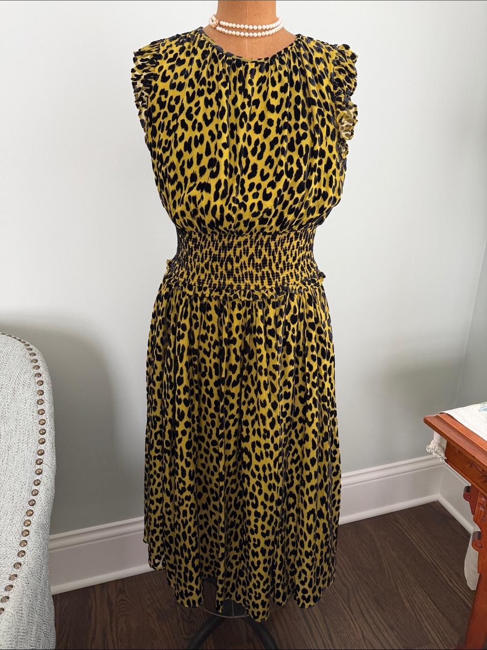 kate spade chartreuse and Black Leopard-Print Smocked Midi Dress